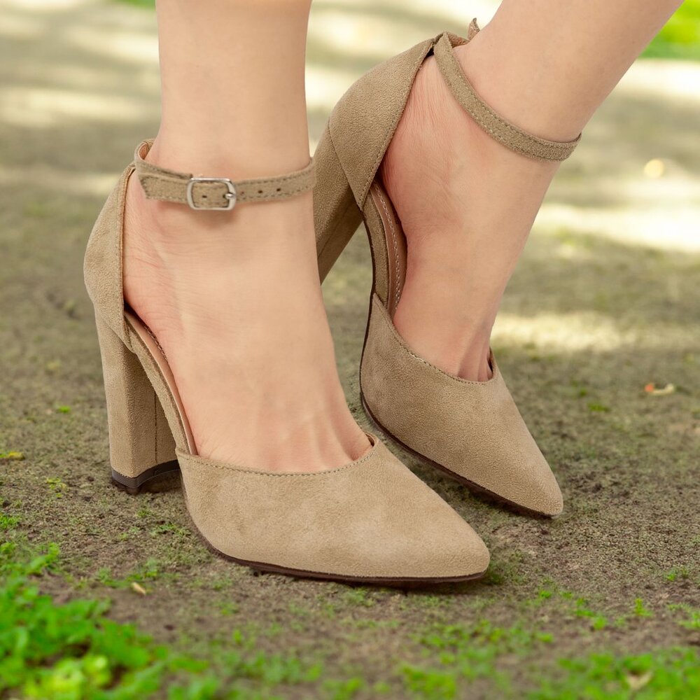 Women's Closed Pointed Toe Block Heel with Ankle Strap - Picture 1 of 4